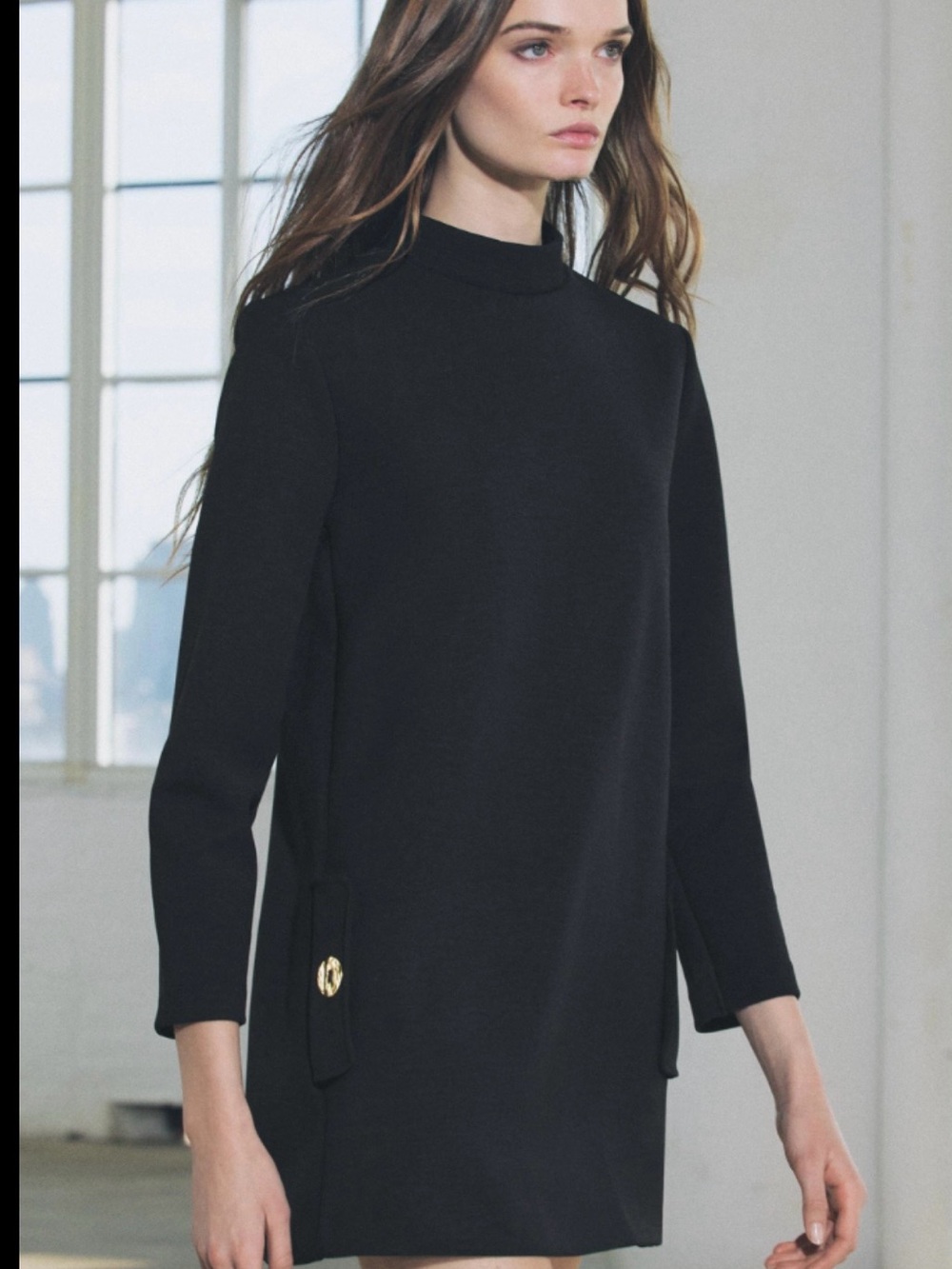 Zara Black Mock Neck Tunic with Gold Button Detail
